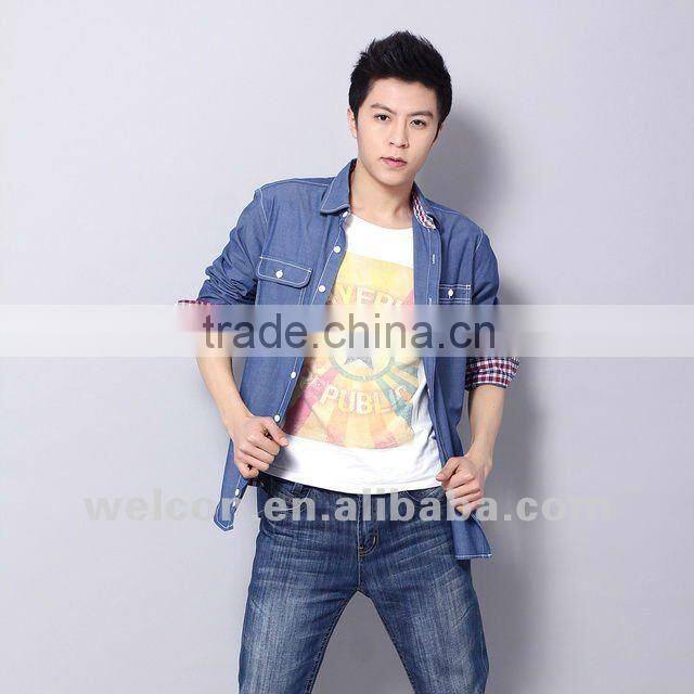 New 100% cotton chambray long sleeve famous brand name design fashion men's casual shirts