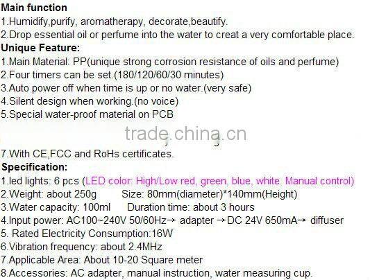 100ML 7 Colors Changes Aroma Diffuser Humidifier Aromatherapy Air Mist Purifier BK-EG-FD01