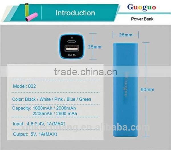 Guoguo 2016 High quality colorful fast charging 1800mAh portable power bank for iphone7