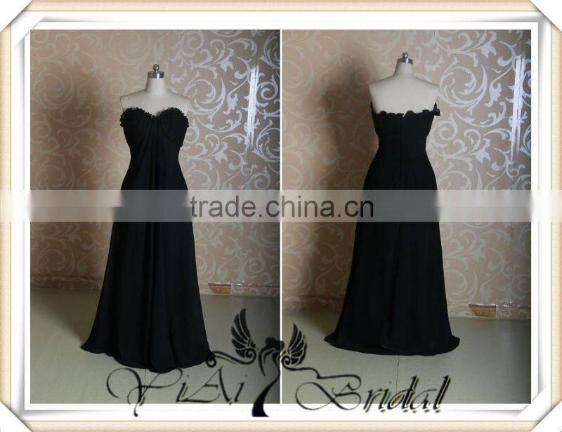 RSE232 Ruffle Neckline Drapped Skirt Long Black Chiffon Fat Bridesmaid Dress