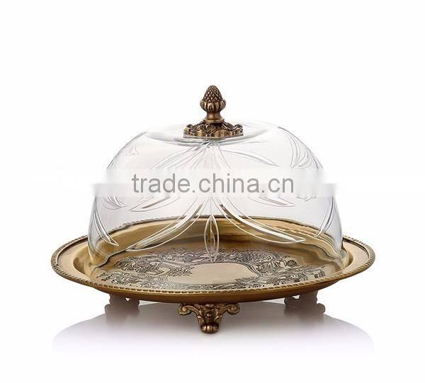 Antique Brass Round Cupcake Tray With Crackle Glass Cover, Ornamental Bronze Casting Dessert Tray holder For Tableware