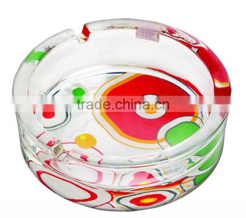 Glass ashtray with decal on bottom,high quality glass ashtray