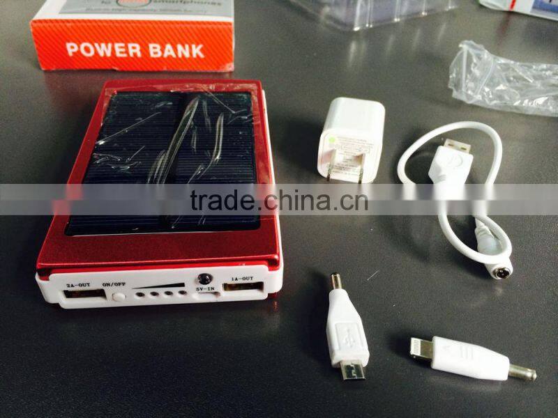 High quality Solar power bank capacity 10000mAh with AC charger and USB cord for mobile phones and USB devicecs