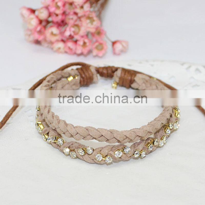 rhinestone chain suede leather braided layered bracelet double strand velvet leather handwoven bracelet