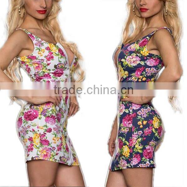 Floral Women Sexy Party Dress Sleeveless Slim Zipper Cocktail Bodycon Mini Dress