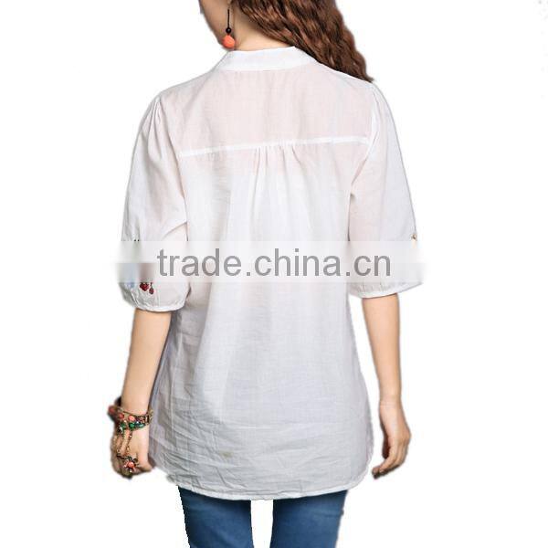Wholesale ladies tops cheap price half sleeves mature linen and cotton ladies embroidered blouse