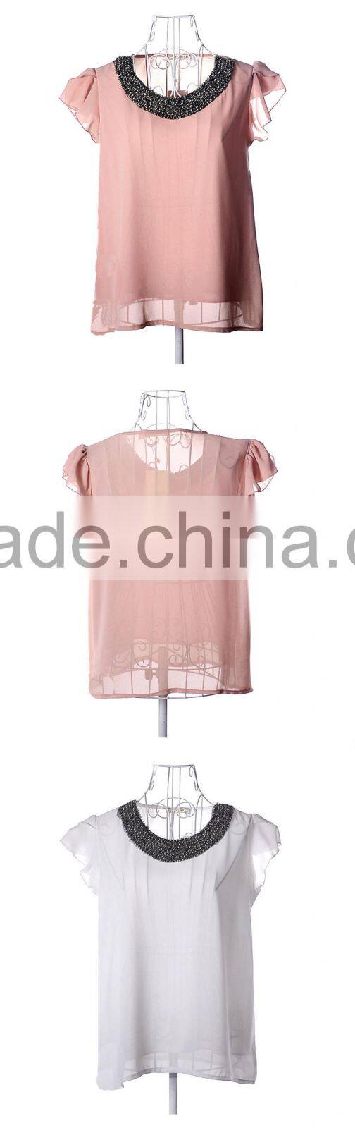 White ladies office wear beads design for ladies blouse collar design