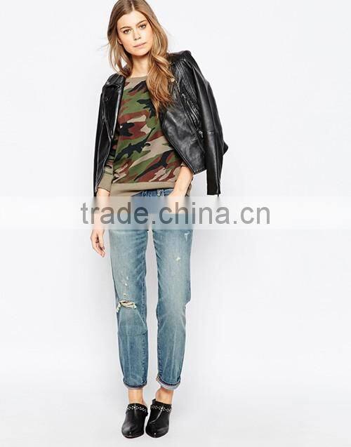 100% cotton embroidered sleeve camo sweatshirts for ladies