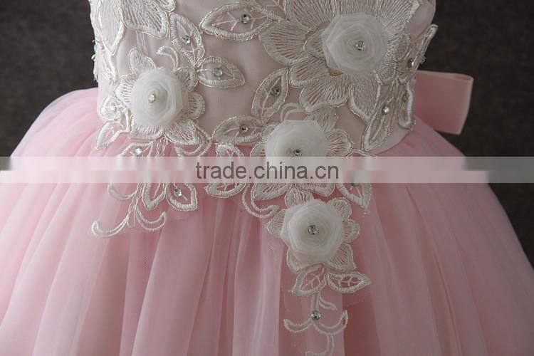High quality boutique girl clothing Embroidery Flower Elegant Pink Fluffy Tulle sleeveless party dresses shiny performance dress