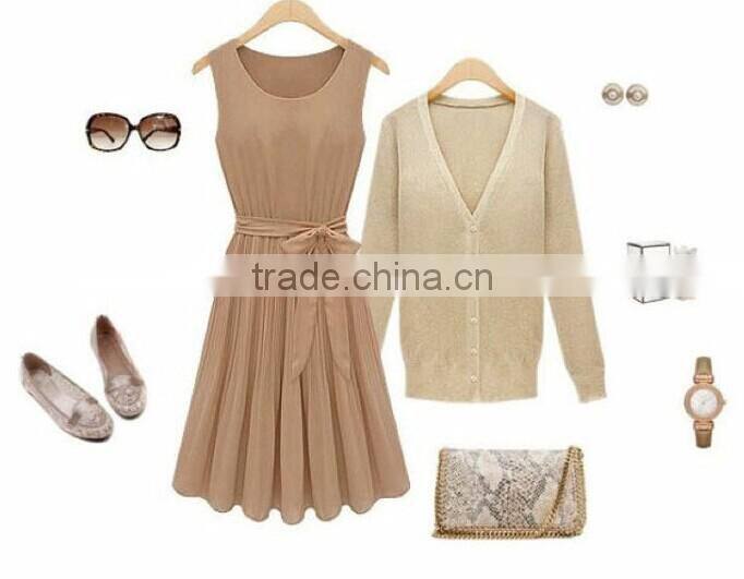 2016 Latest Designs women gender Summer Mint green Sleeveless Round neck women dress pleated Chiffon Vest dress for women