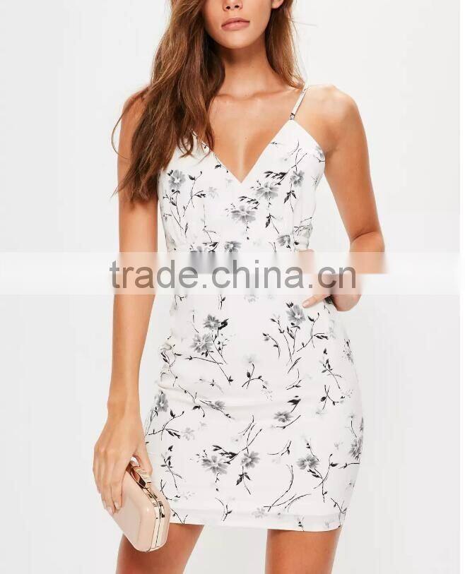 Elegant design white floral print bodycon dress print sleeveless midi slip dress