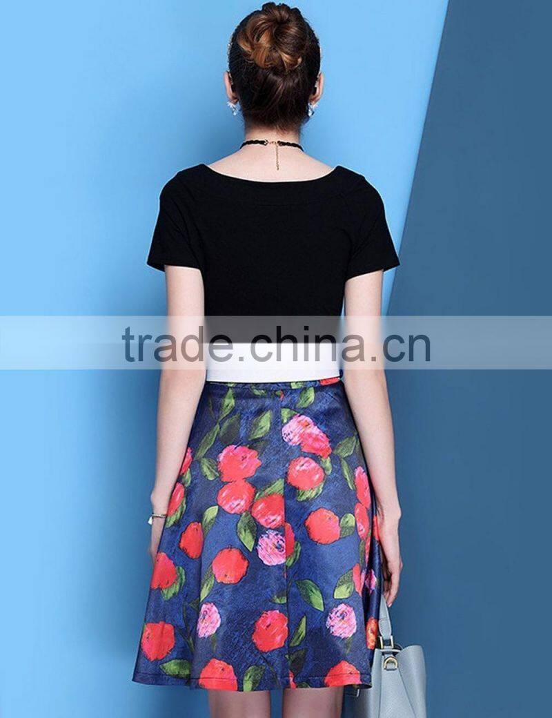 2016 little fresh knitted top and floral chiffon short sleeve A-line dress with waist belt