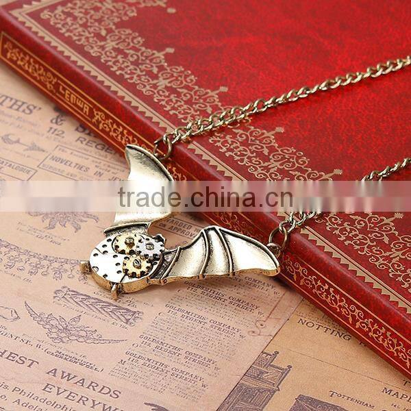 New Fashion Steampunk Necklace Halloween Bat Link Curb Chain Antique Bronze With Gear 63.0cm long