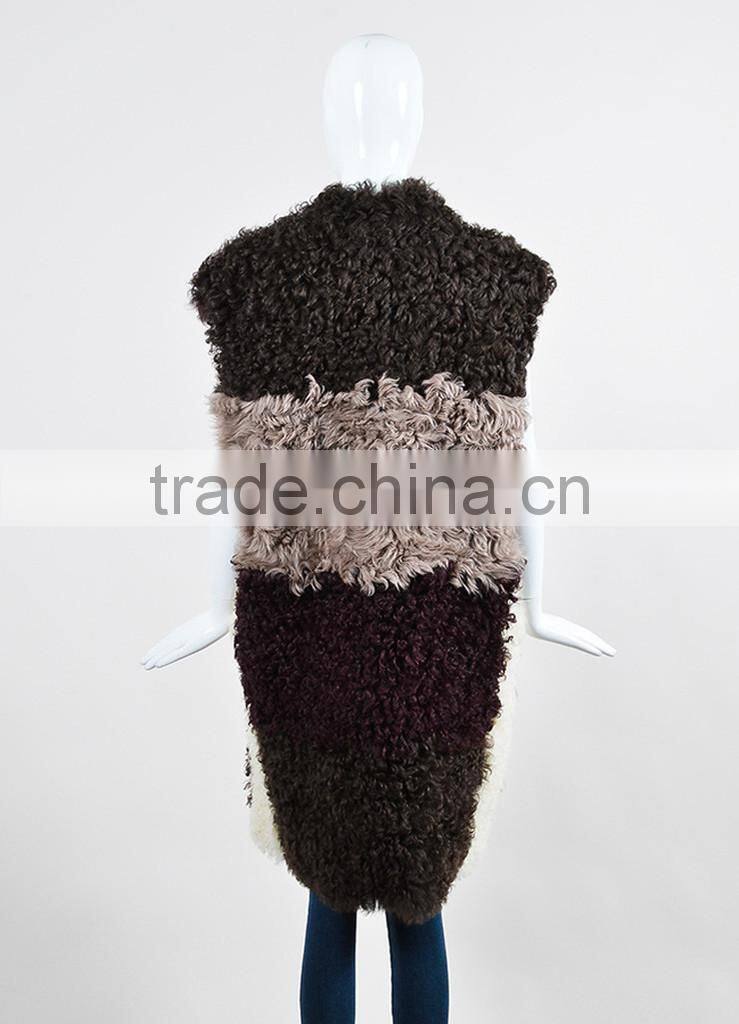 YR772 Genuine Curly Lamb Fur Vest Real Kalgan Sheep Block Color Patchwork Fur Waistcoat