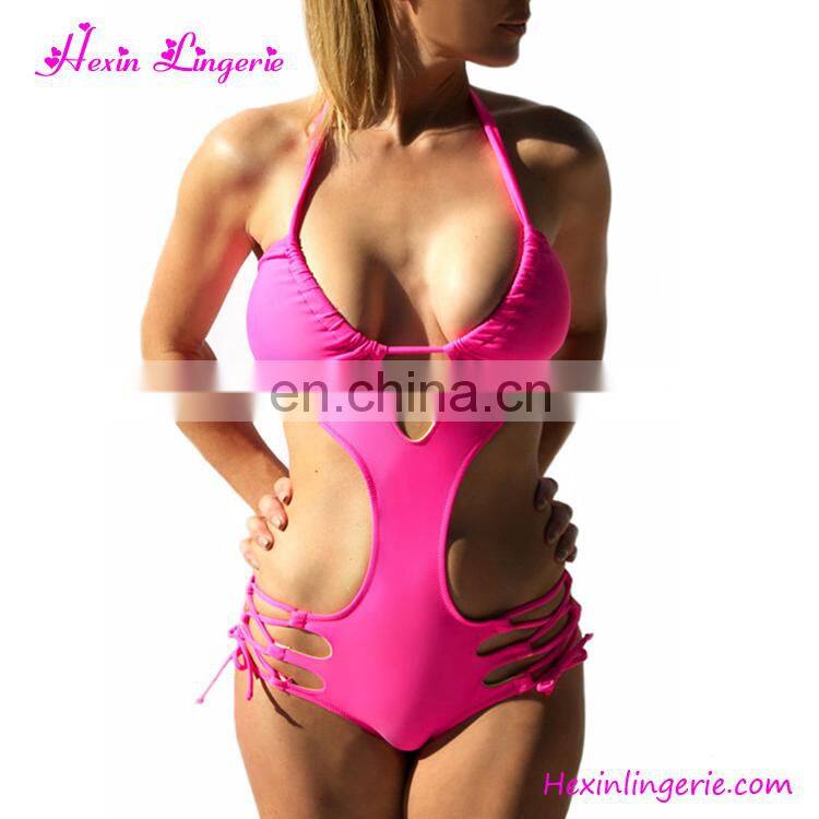 Wholesale Women Stripe Black Halter Neck One Piece Swimsuit Swimwear