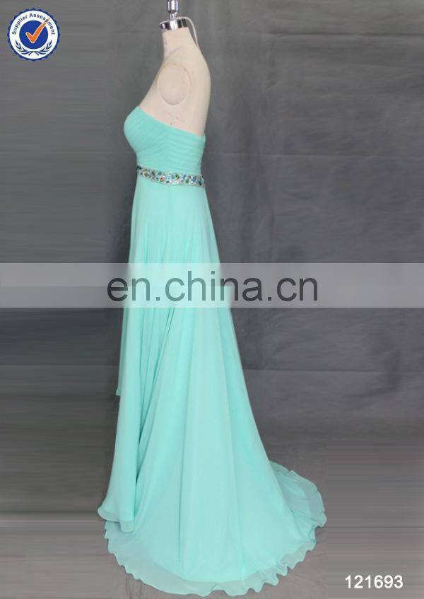 Simple design chiffon sweep train turquoise blue bridesmaid dresses with beaded belt