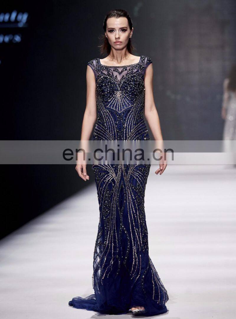 2017 B5427 Navy color halter net fabric beaded evening dresses & wedding dresses