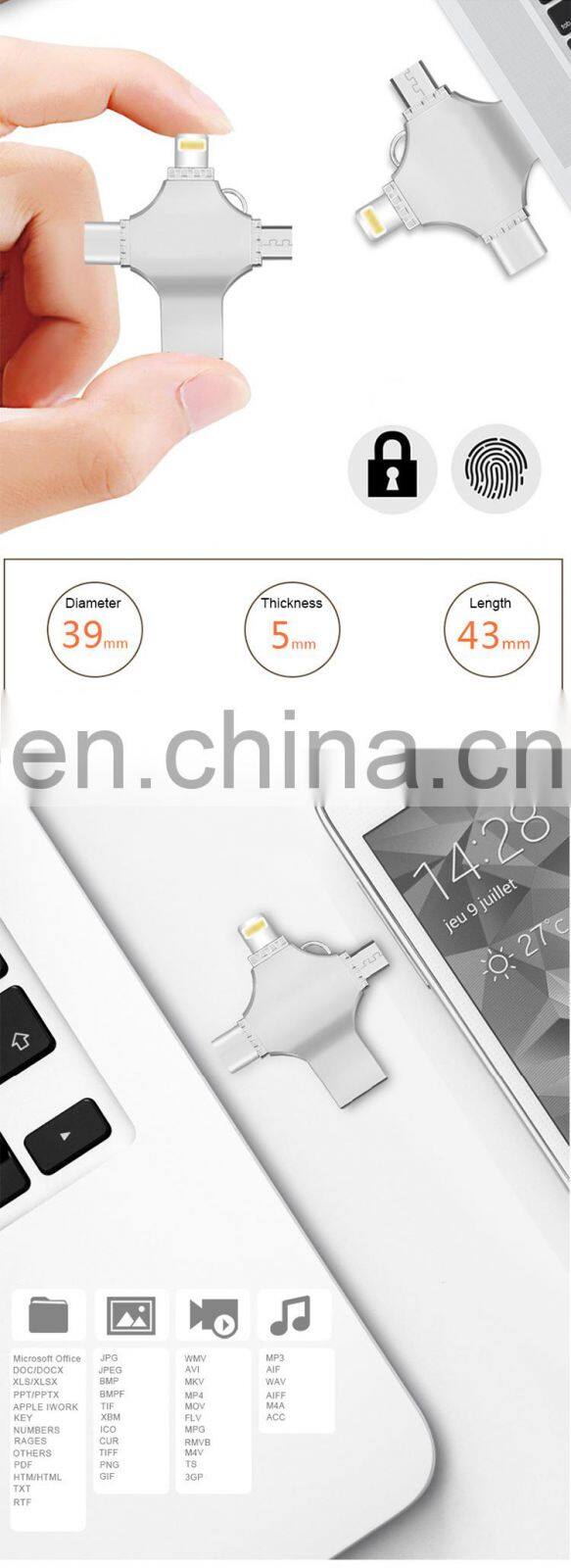 USB 2.0 Flash Drive Metal USB Memory Stick Drive FOUR Functions in One U Flash Disk for iPhone/iPad/android/PC