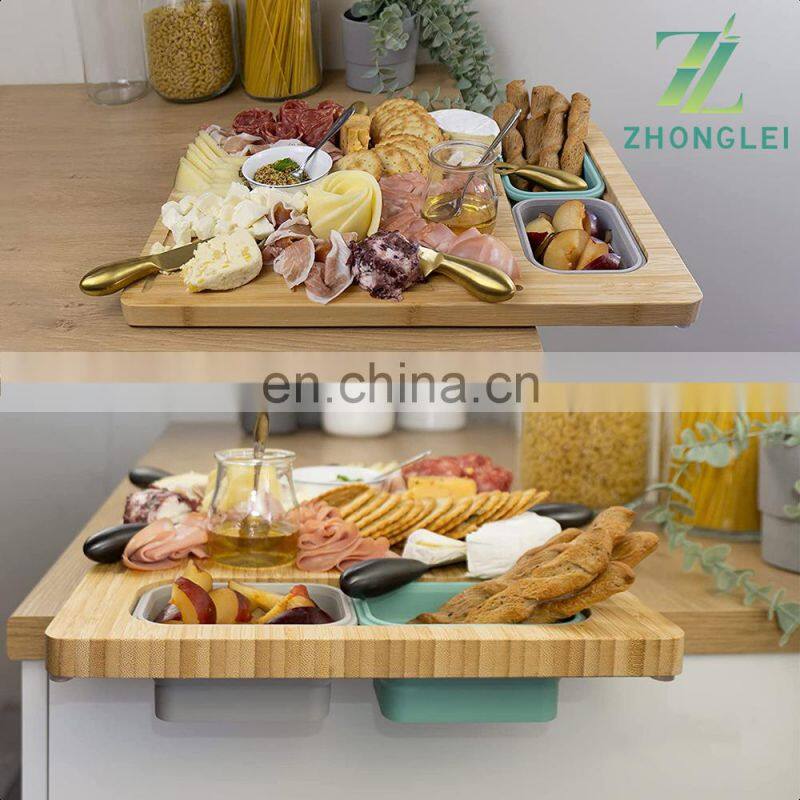 Bamboo Cutting Board, with 4 Collapsible Silicone Food Storage Containers and Lids for Storage