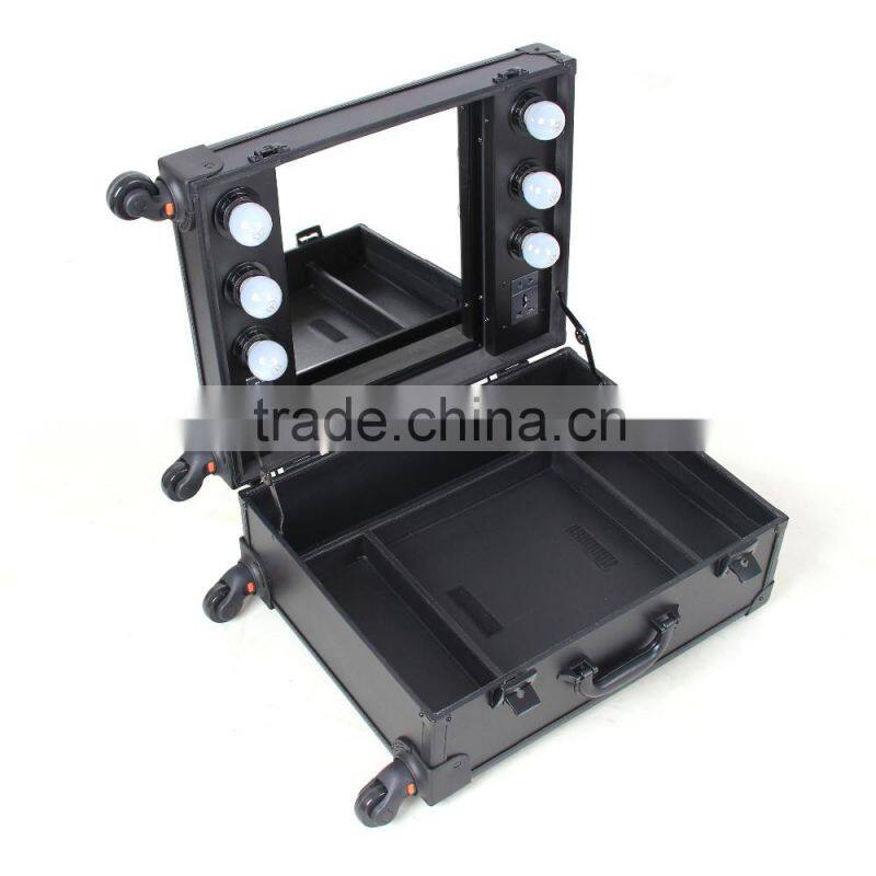Cosmetic Case Rolling Studio Makeup 4 Wheels Trolley Case Lights With Mirror