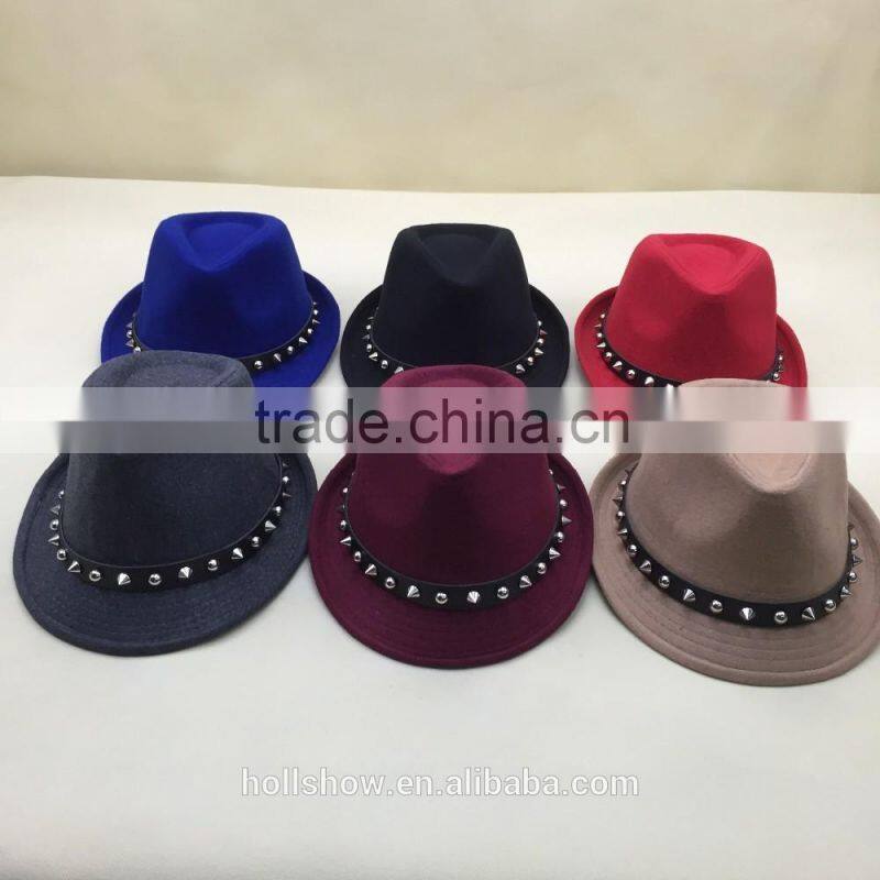 2016 Newest Fashion Classic Rivet Ribbon Red Wool Trilby Fedora Jaz Caps