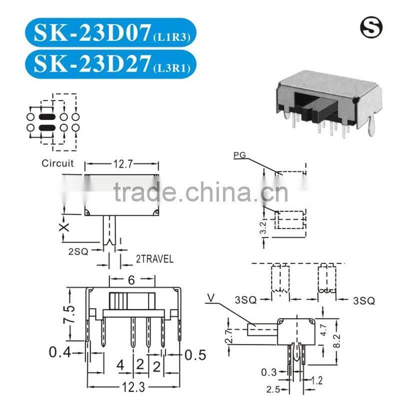 High quality horizontal slide switches, 2p3t slide switches, SK23D07