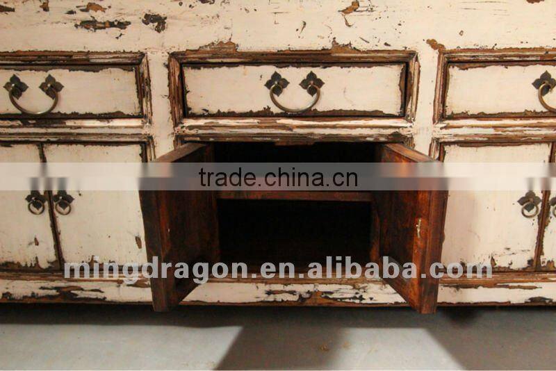 Chinese antique furniture pine wood white Shanxi Four Drawer Eight Door TV Cabinet