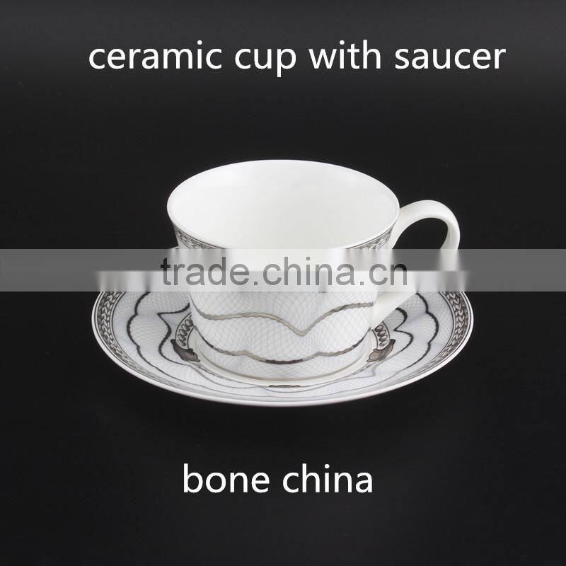 With Silver Color Decal 250ml Ceramic Coffee Cup Round Shape Bone China Tea Cup with Saucer