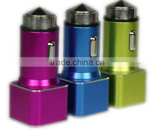 Colorful Aluminum Dual USB Car Charger Escape Equipment Metal Safety Hammer Shape Car Charger For Mobile Devices