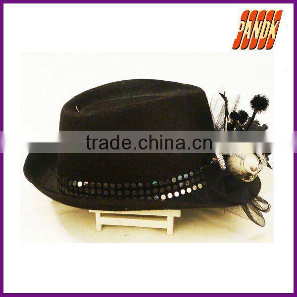 Fashion felt-cloth Black top hat with glittered rose and lace
