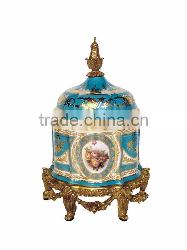 Home Decorative Ceramic Lided Jar Box, Porcelain Decorative Box With Antique Brass Base