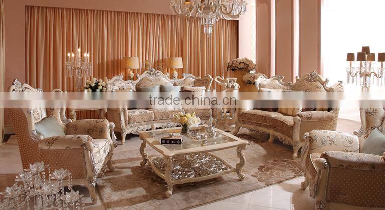 Wooden living room furniture ivory frame antique silver carving fabric sofa set