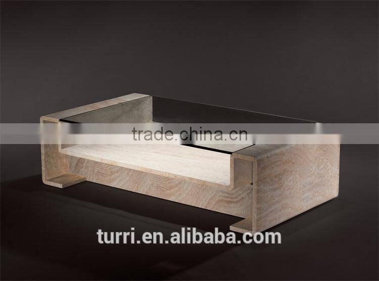 Low Travertine Stone base Wit Glass Coffee Table