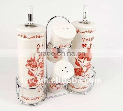 4PCS ceramic salt & oil vinegar bottle with metal stand,ceramic spice jar,ceramic cruet set,ceramic caster set