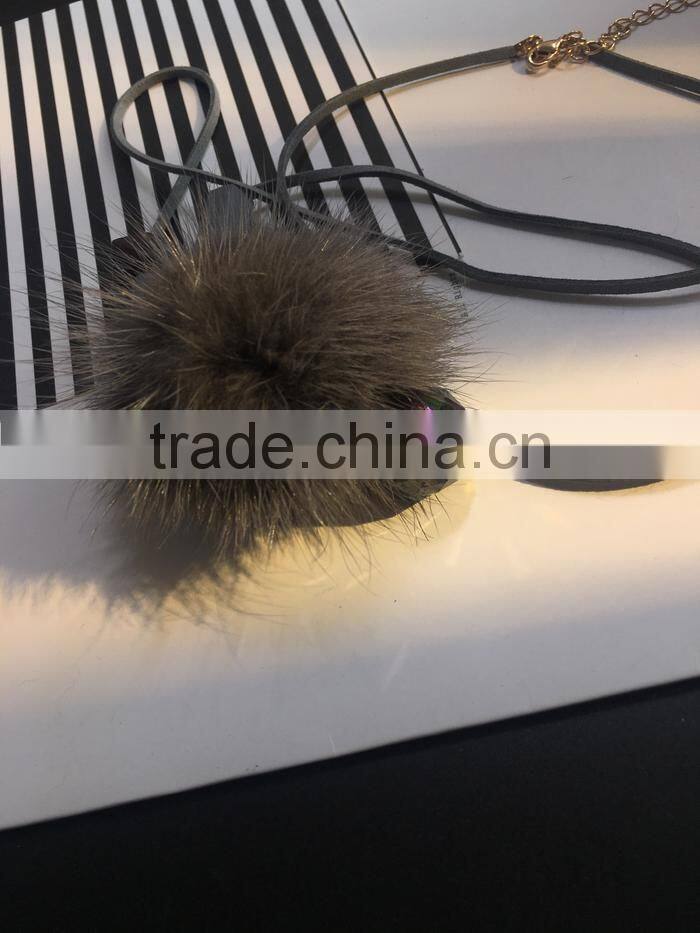 winter mink fur ball pendant necklace geometric bead suede leather necklace velvet leather necklace