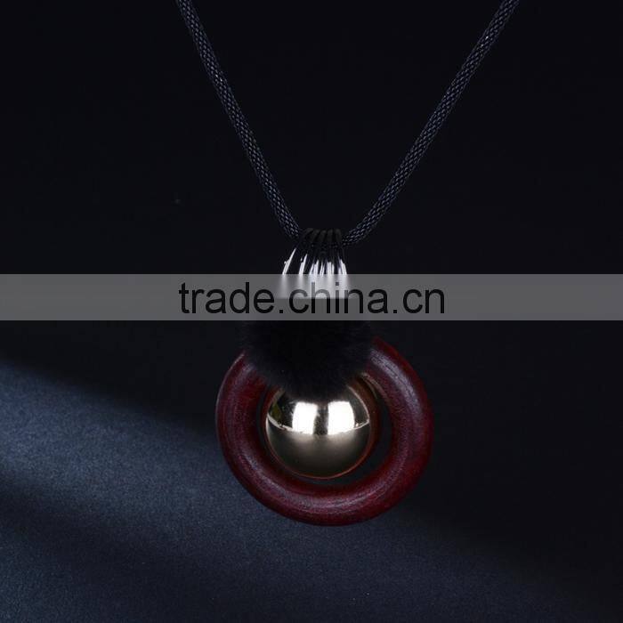 silver ball wood hoop pompon pendant necklace Korea retro long sweater necklace autumn geometric necklace