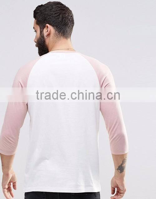 Men 100% cotton crew neck contrast raglan 3/4 sleeve t-shirt wholesale custom
