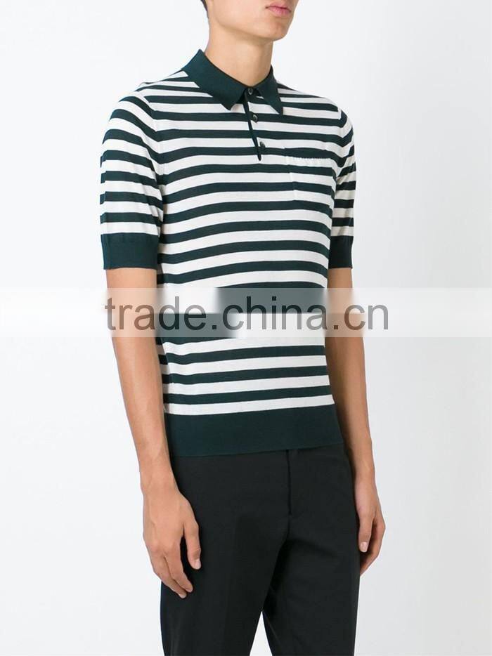 Black and white stripe fine knit golf polo shirt for male