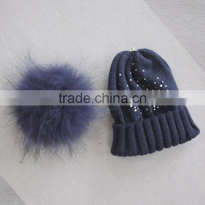 Myfur Navy Knitting Beanie Hat with Stones Real Raccoon Fur Ball Top For Teenager Boys