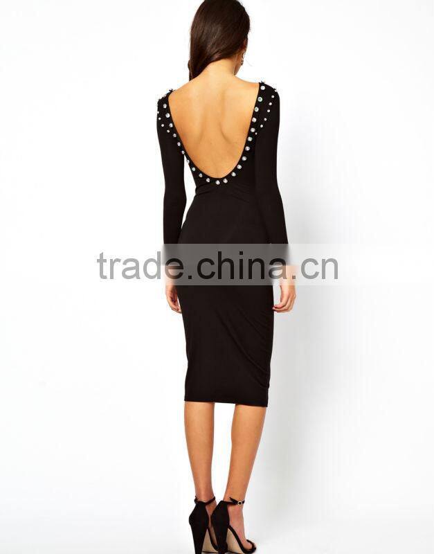 Midi Body-Conscious Dress With Jewelled Neckline