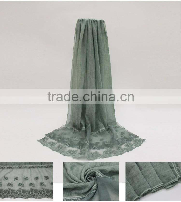 New fashion classic plain dyed TR viscose thin leaf silk lace trim ribbon hijab scarf for custom