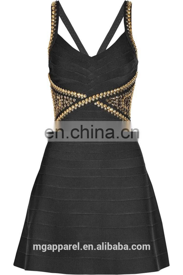 wholesale fashion women sexy bandage dress with flared skirt black stretch embellished cheap rayon bandage dress