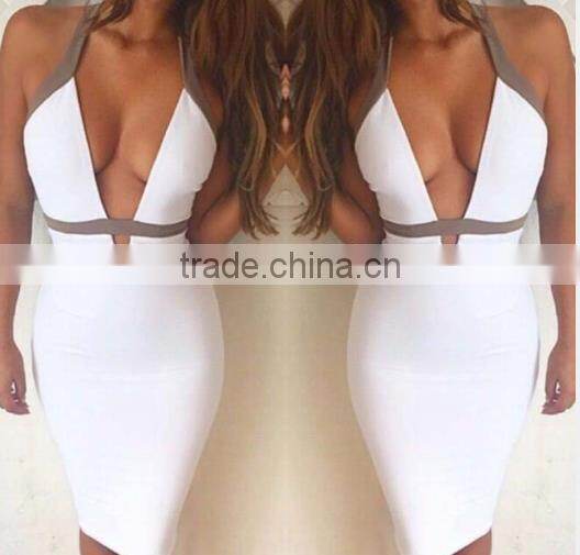 Summer dress in stock wholesale 2015 new white sey classic and elegant bodycon deep V neck women cute summer evening party banda