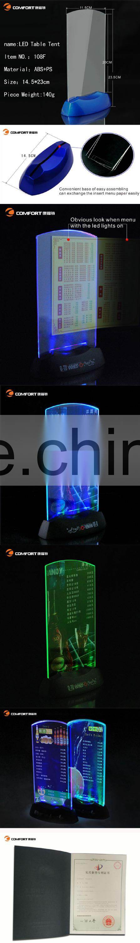 LED light acrylic table stand menu holder