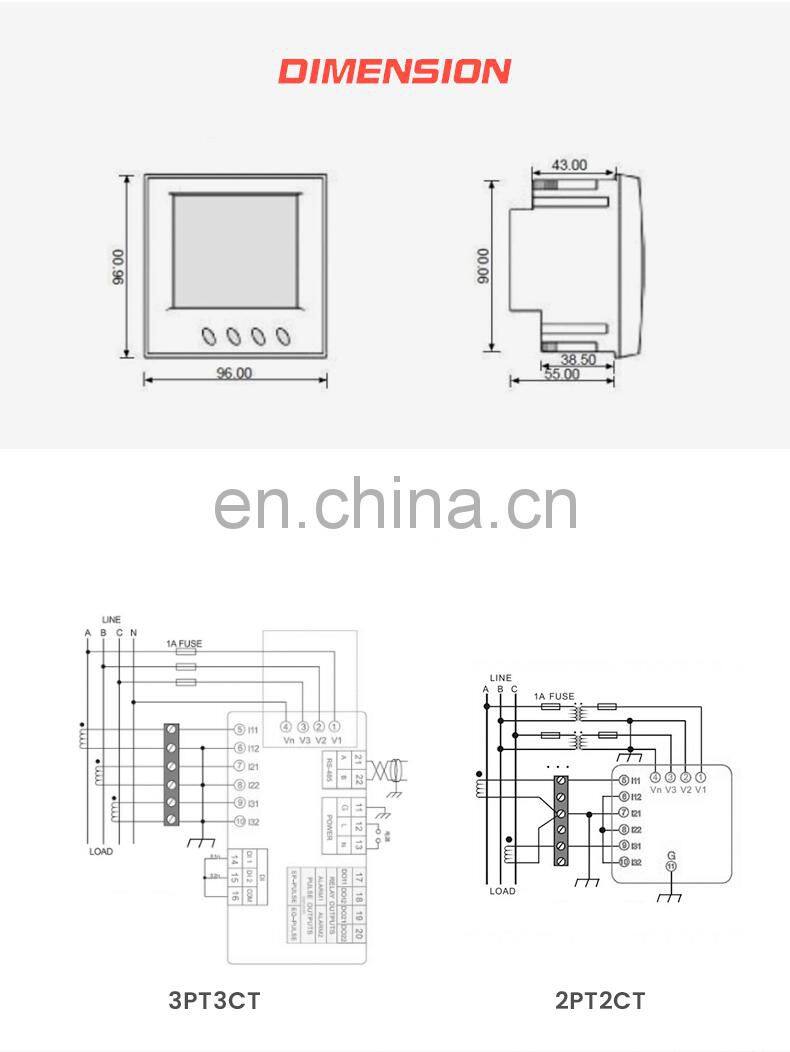 PM835 96*96mm three phase digital ammeter and voltmeter