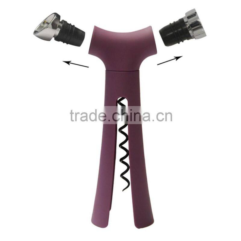 Hot sales 4 in 1 manual wine opener & pourer & stopper & foil cutter with Color Box-Purple