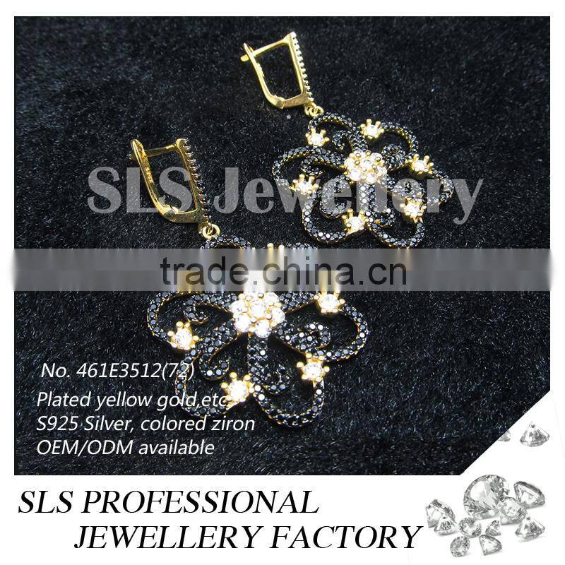 SLS women african inspired jewelry drop earrings silver fashion jewelry jhumka earrings with black CZ jewelry wholesale china