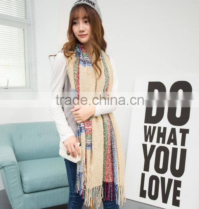 Winter Korean Lady Fashion Tassel Acrylic Plaid Cashmere Scarf Shawl
