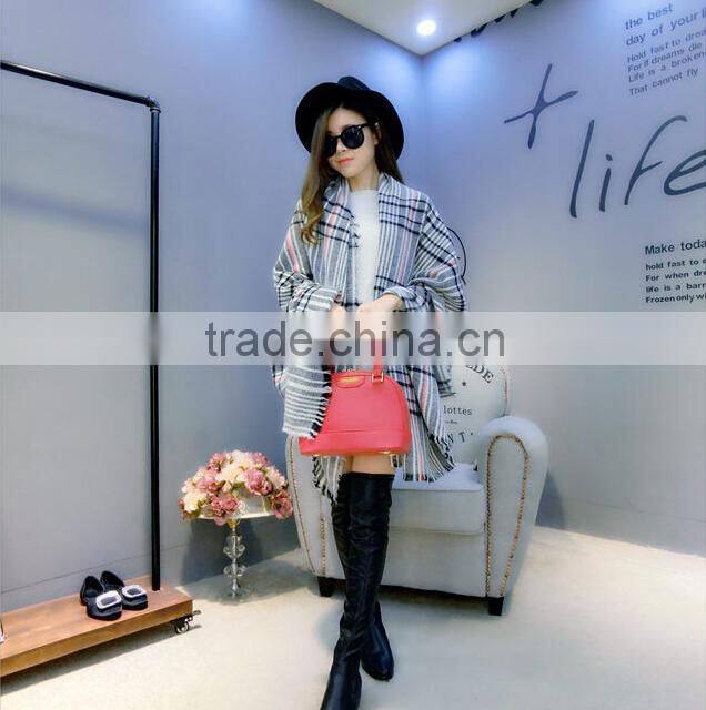 New Fashion Fringed Checked Plaid Acrylic Lady Poncho Shawl