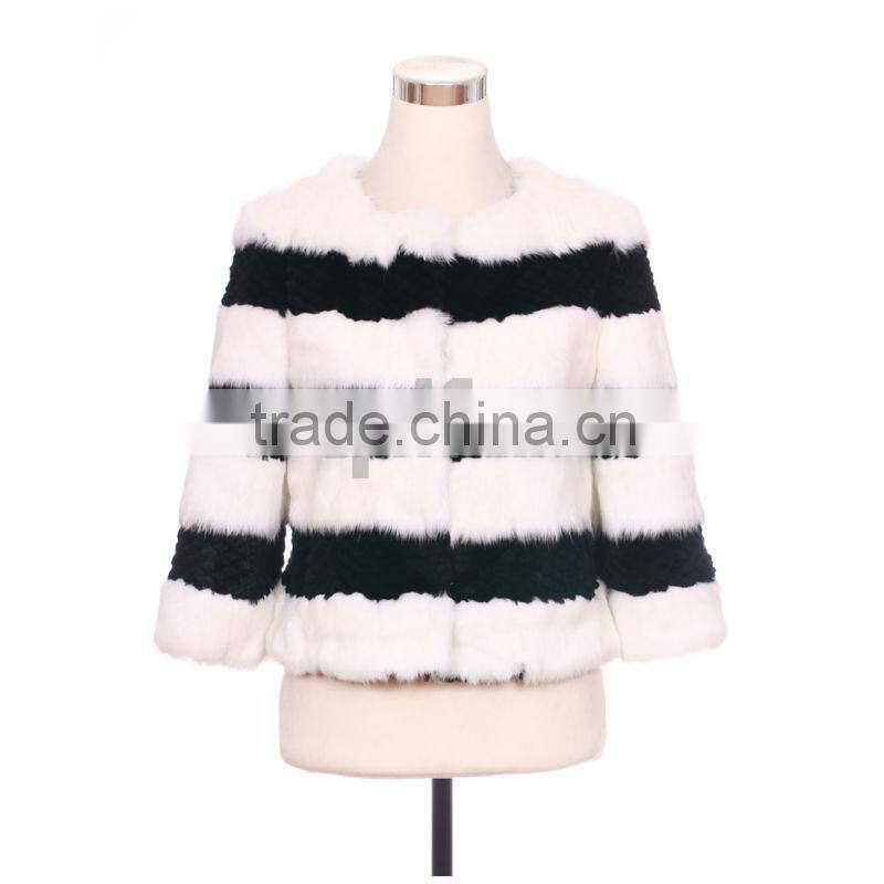 QD30538 Plus Size Intimate Winter Apparel Shearing Black White Rabbit Fur Lady Jacket